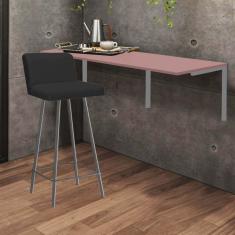 Imagem de Kit Mesa Suspensa de Parede Fixa MDF Rosa + 1 Banqueta Lexi Ferro Cinza Suede Preto - Ahazzo Móveis