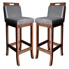 Imagem de Kit 2 Banquetas Média para Cozinha Milão Madeira Castanho Suede Cinza CCS
