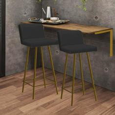 Imagem de Kit Mesa Suspensa de Parede Fixa MDF Castanho + 2 Banquetas Lexi Ferro Dourado Suede Preto - Ahazzo Móveis