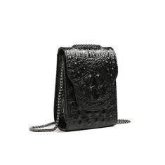 Imagem de Bolsa feminina para celular com estampa de crocodilo de couro vegano, mini bolsa transversal feminina de couro preto, Preto