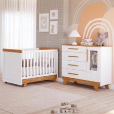 Imagem de Quarto Bebê Retrô Janelado Completo Berço Americano 2 Em 1 Cômoda 4 Gavetas 1 Porta 100% MDF Móveis Peroba