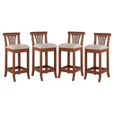 Imagem de Kit 4 Banquetas Média Estofada Encosto Valentina 36x90Cm Bancada Madeira Maciça Linho Bege M58 - RMI