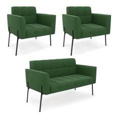 Imagem de Sofá Namoradeira E 2 Poltronas Pé De Ferro Preto Elisa Suede Verde D03 - D'rossi