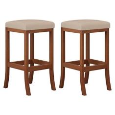 Imagem de Kit 2 Banquetas Alta Estofada Barcelona 38x74Cm Bancada Bar Madeira Maciça Castanho Suede Bege - CCS