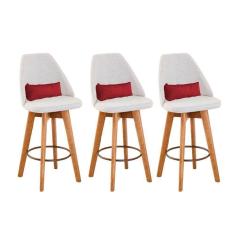 Imagem de Kit 03 Banquetas Alta Maya Giratória Com Encosto Gourmet Linho Bege e Almofada Corino Vermelho - Aurora Line