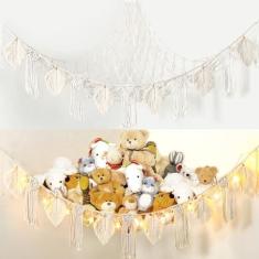 Imagem de Dremisland Rede de brinquedo para animais de pelúcia com luz de estrelas, boho, folha, macramê, borla, canto, organizador de brinquedos, decoração de tecido boêmio, suporte de exibição para quarto de