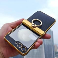 Imagem de Capa de proteção de dobradiça magnética de couro revestido para Samsung Galaxy Z Flip 5 4 3 Suporte de anel de luxo com capa de tela de vidro, rosa, para Galaxy Z Flip 4