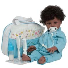 Imagem de Boneco Reborn Realista Negro Enxoval Completo Pagão Azul - Cegonha Reb