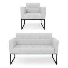 Imagem de Kit 1 Sofá Namoradeira E 1 Poltrona Elisa Linho Cinza A05 Base Metálica Industrial Preto - D`rossi