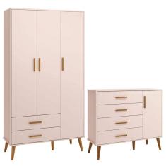 Imagem de Comoda Sapateira e Guarda Roupa Isis Retrô 3 Portas 2 Gavetas Rosa Fosco - Reller