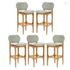 Imagem de Kit 5 Banquetas Alta Estofada Rafine Madeira Maciça Castanho Linho Verde