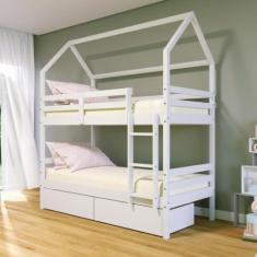 Imagem de Beliche Casinha Solteiro Slim Rb Com 02 Gavetas Madeira Maciça Branco