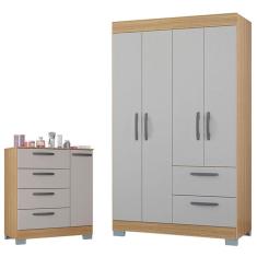 Imagem de Cômoda 868 4 Gavetas e 1 Porta com Guarda Roupa Solteiro Tóquio 4 Portas Damasco Off White - Poquema