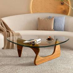Imagem de Mesa de centro de vidro com base de madeira maciça para sala de estar, mesa de centro triangular, mesa final abstrata para sala de estudo, escritório, varanda de hotel, B