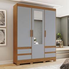 Imagem de Guarda-Roupa Solteiro Lema 3 Portas 4 Gavetas com Espelho Nature/Cinza - Henn