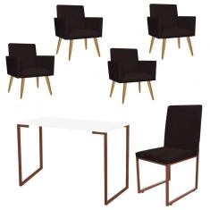 Imagem de Kit Escritório Stan 4 Poltronas com Cadeira e Mesa Industrial Tampo Branco Bronze Suede Marrom - Ahz Móveis