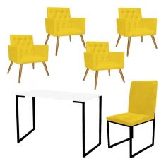 Imagem de Kit Escritório Stan 4 Poltronas Capitonê com Cadeira e Mesa Industrial Branco Preto Tecido Sintético Amarelo - Ahz Móveis