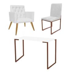 Imagem de Kit Escritório Stan Poltrona Capitonê com Cadeira e Mesa Industrial Branco Bronze Tecido Sintético Branco - Ahz Móveis
