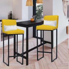 Imagem de Kit 02 Banqueta Alta com Encosto Lucca Industrial Cozinha Balcão Ferro Preto Sintético Amarelo e Almofada Branco - Ahazzo Móveis