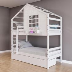 Imagem de Beliche Casinha Com Janela Com 02 Gavetas Madeira Maciça Branco Housin