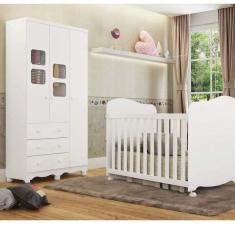 Imagem de Quarto de Bebê Berço Americano e Guarda Roupa 3 Portas 3 Gavetas Uli Móveis Peroba Branco