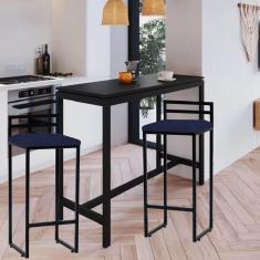 Imagem de Kit 02 Banqueta Alta Com Encosto Petra Balcão Bar Cozinha Bistrô Ferro Preto Suede Azul Marinho - Ahazzo Móveis