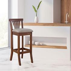 Imagem de Banqueta Alta Estofada Valentina 36 x 100 Cm Madeira Maciça Imbuia Verniz Linho Bege M58 - RMI