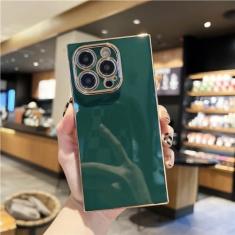 Imagem de Capa de telefone colorida com moldura quadrada luxuosa para iPhone 15 14 13 12 11 Pro X Xs Xr Max 7 8 Plus SE Capa traseira macia à prova de choque, verde profundo, para iPhone 12 Pro