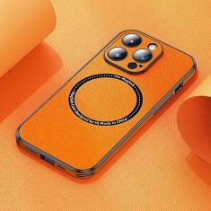 Imagem de Capa de telefone de couro de carregamento sem fio magnético para iphone 14 13 12 11 pro max com lente proteger capa de celular escudo, laranja, para iphone 13 pro