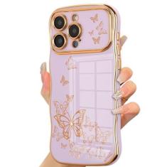 Imagem de ZTOFERA Capa para iPhone 15 Pro para meninas e mulheres, linda moldura ondulada encaracolada com padrão de borboleta banhada de luxo, capa de proteção de lente levantada de TPU macio à prova de choque