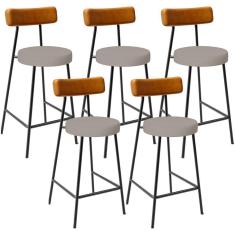 Imagem de Kit 05 Banquetas Baixa Bar Cozinha Sala Jantar Milão L02 Couríssimo Whisky Linho Bege - Lyam Decor