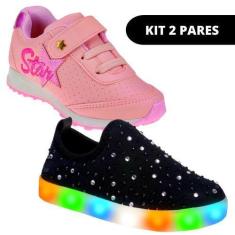 Imagem de Kit 2 Pares Sapato Tênis Led Infantil Feminino De Menina Escolar - Clu