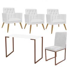 Imagem de Kit Escritório Stan 3 Poltronas Maria com Cadeira e Mesa Industrial Branco Bronze Tecido Sintético Branco - Ahz Móveis