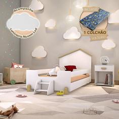 Imagem de Cama De Criança Infantil Com Colchão E Escadinha Solteiro Branca E Natural + Luminária Led Branco