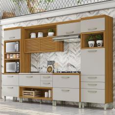 Imagem de Cozinha Completa em MDF Nesher Princesa com 8 Portas 7 Gavetas e 17 Prateleiras - Freijo/Off White 334cm