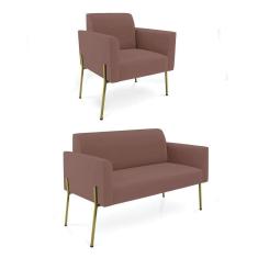 Imagem de Sofá Namoradeira E Poltrona Pé De Ferro Dourado Salão Marisa Veludo D03 Rose