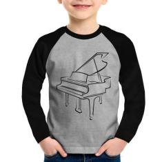 Imagem de Camiseta Raglan Infantil Piano Manga Longa - Foca na Moda, Cinza, Pret