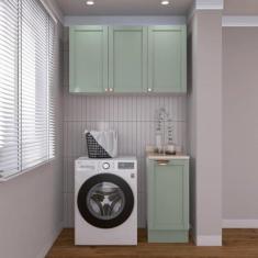 Imagem de Lavanderia Modulada 2 Peças 1 Armário Aéreo 3 Portas 1 Balcão Cabecasa Madeiramadeira Verde Menta/branco