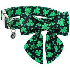 Imagem de DOGWONG Coleira de cachorro trevo da sorte verde com laço, macia ajustável para o dia de São Patrício com pingente da sorte preta para cães pequenos, médios e grandes