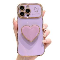 Imagem de Capa com suporte de coração compatível com iPhone 11 Pro Max, linda moldura ondulada, formato encaracolado com suporte de coração de amor, capa de proteção de câmera levantada luxuosa à prova de