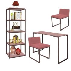 Imagem de Kit Escritório Ravi 2 Cadeiras Suede Rose com 1 Mesa e 1 Livreiro Ferro Marrom MDF Rose Rosa - Ahazzo Móveis