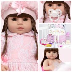 Imagem de Boneca Estilo Reborn Baby Vestido Rosa Acessórios Enxoval - Cegonha Re