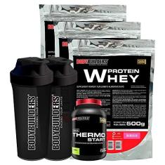 Imagem de Kit 3x Whey Protein 500g + Thermo Starter Powder 120g Limão + 2x Coqueteleira - Bodybuilders Sabor Morango