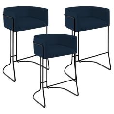 Imagem de Kit 03 Banquetas Fixa Preto Veludo Azul Oxford C-304