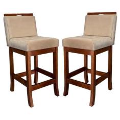 Imagem de Kit 2 Banquetas Média Estofada para Balcão Turim Madeira Castanho Suede Bege CCS
