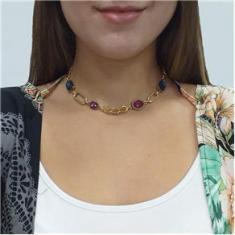 Imagem de Colar Choker Armazem RR Bijoux corrente cristais coloridos 