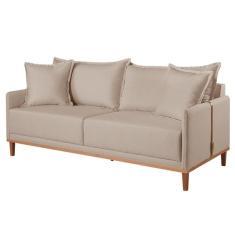 Imagem de Sof  3 Lugares Almofada Solta Base Madeira Linho Bege Claro M