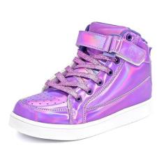 Imagem de IGxx Sapatos de lantejoulas para crianças, meninos, modernos, brilhantes, dourados, brilhantes, tênis de cano alto para meninas com gancho e laço, Roxa, 18