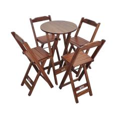 Imagem de Conjunto Bistrô Mesa Dobrável de Madeira Redonda com 4 Banquetas Imbuia - Tarimatã