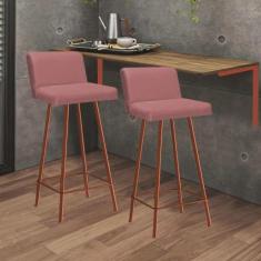 Imagem de Kit Mesa Suspensa de Parede Fixa mdf Rústico + 2 Banquetas Lexi Ferro Bronze Suede Rose - Ahazzo Móveis